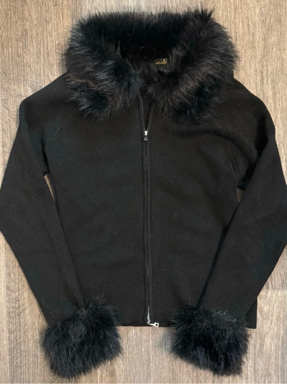 Women’s Black Zip Knit Jacket with Faux Fur Trim